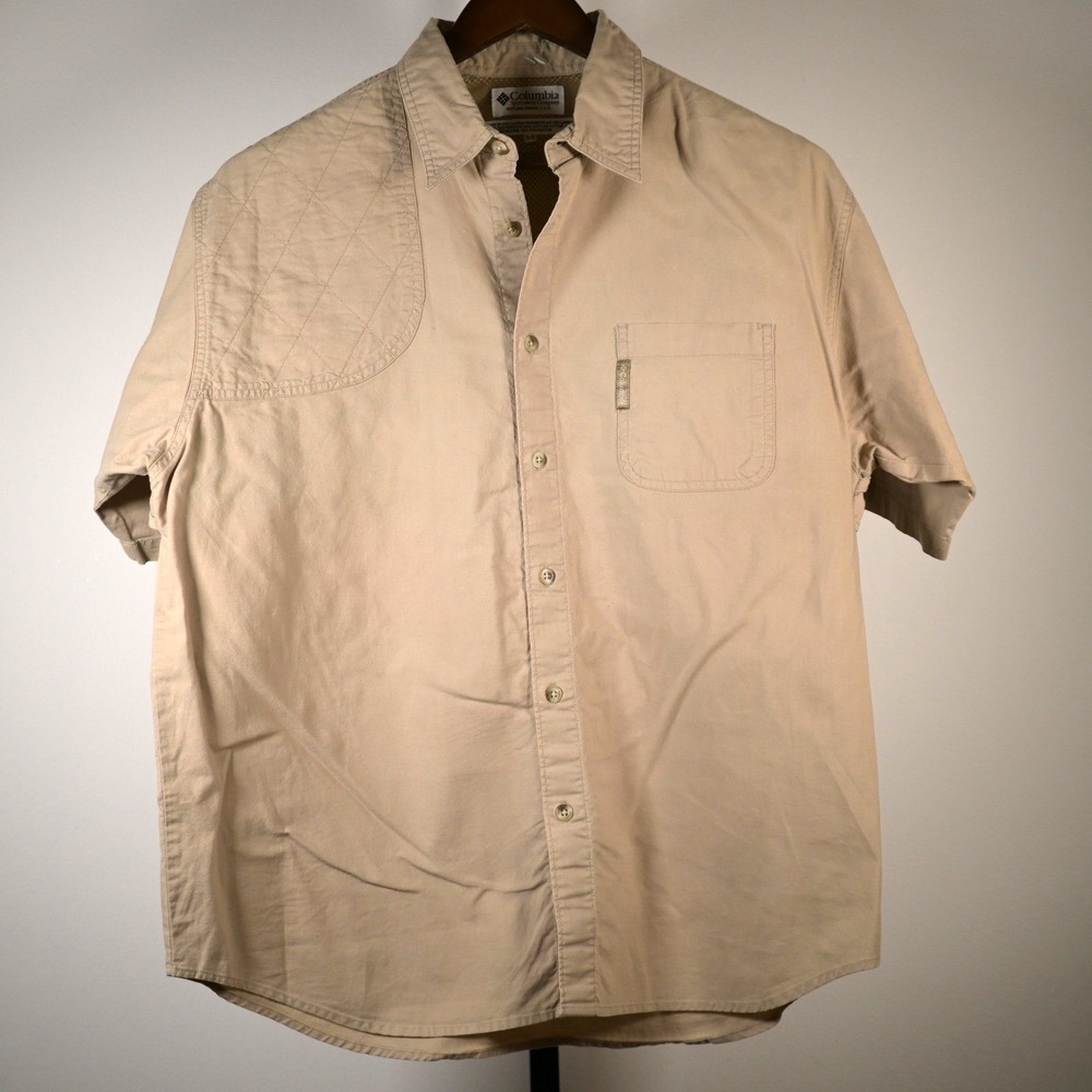 Columbia Mens Tan Khaki Short Sleeve Shooting Hunting Shirt Quilted Patch Size M